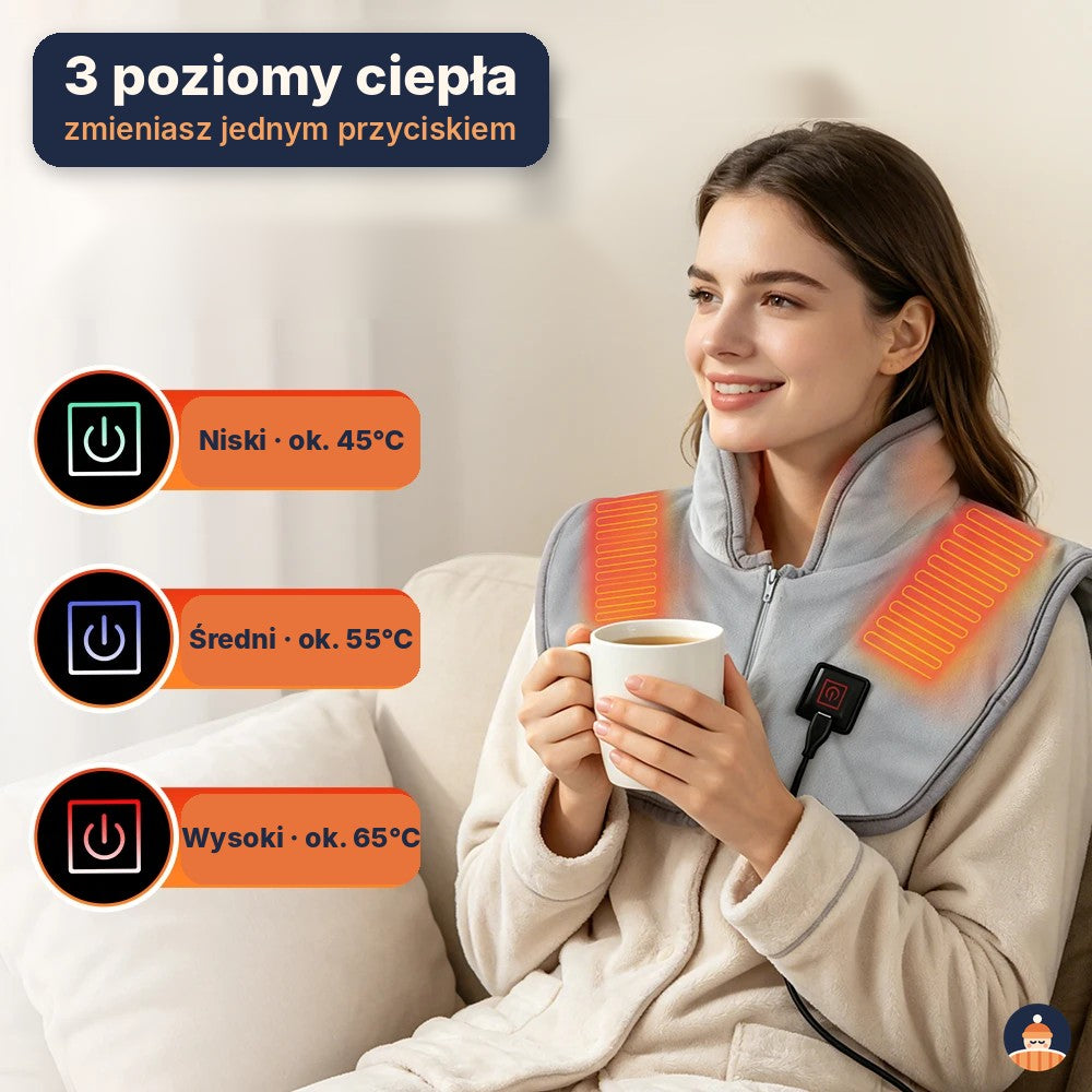 Pelerynka grzewcza na kark i ramiona – USB, 3 strefy i 3 poziomy ciepła