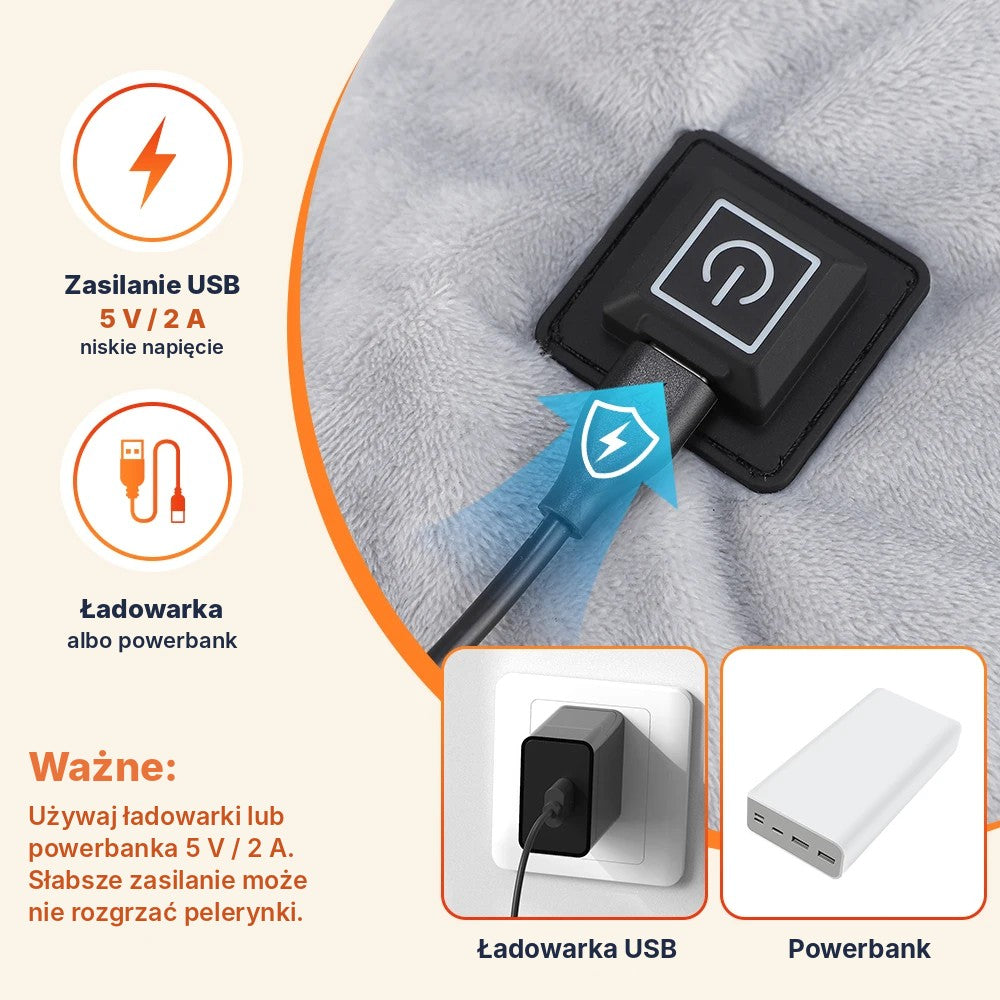 Pelerynka grzewcza na kark i ramiona – USB, 3 strefy i 3 poziomy ciepła